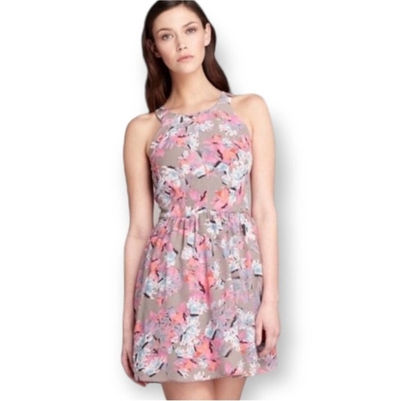 Rebecca Taylor Mai Tai Time Silk Floral A Line Dress Pink Gray Women's Size 6 - Picture 2 of 14